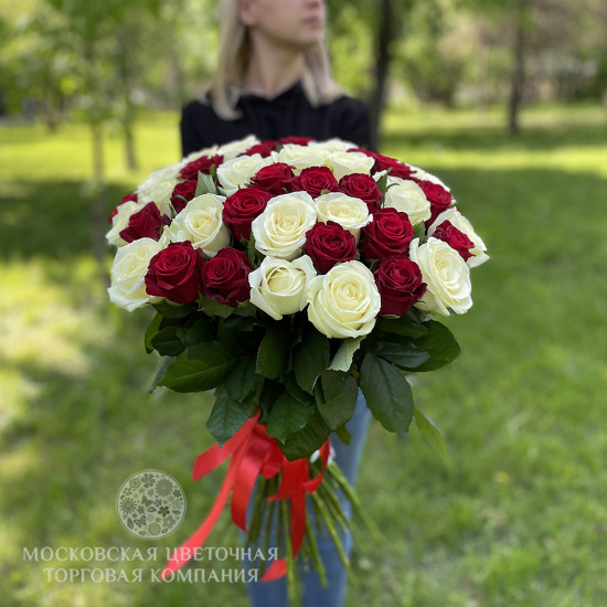 Букет 51 роза красно-белый микс, Россия