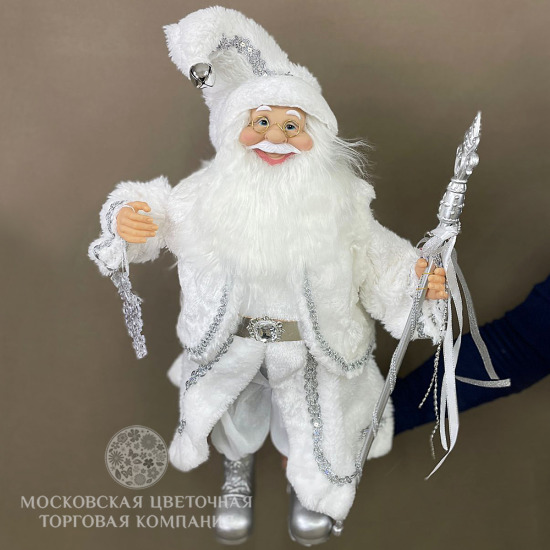 Дед Мороз в серебряной шубке с посохом, 60 см