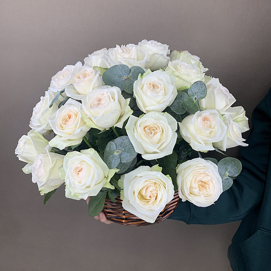 35 пионовидных роз Вайт О'Хара в корзине