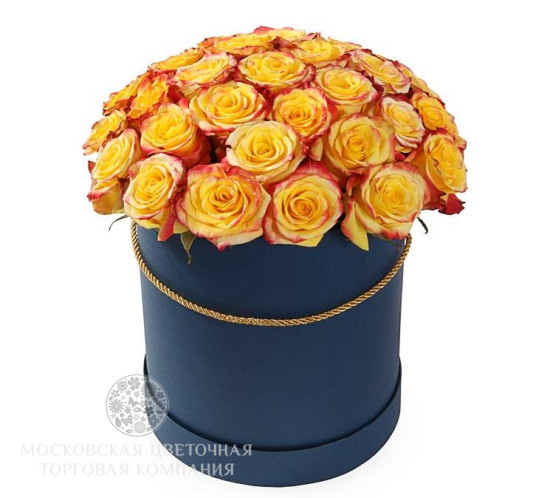 Букет 35 роз Хай Еллоу в шляпной коробке