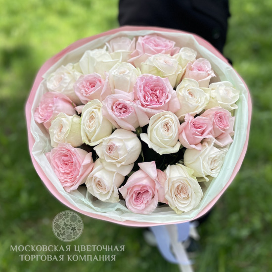 Букет 25 пионовидных роз О’Хара, бело-розовый микс