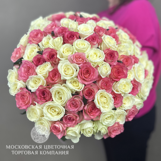 Букет 101 роза бело-розовый микс, Россия