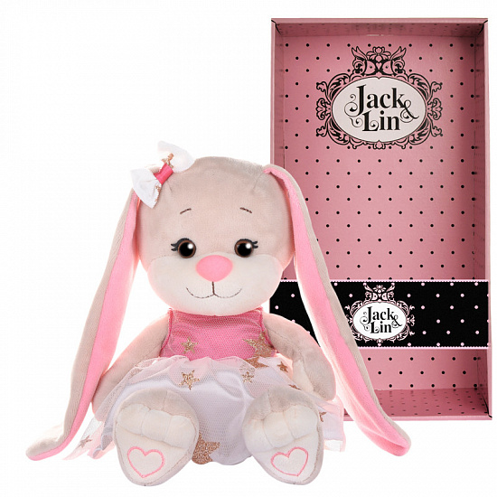 Зайка Jack&Lin в бело-розовом платьице со звездочками