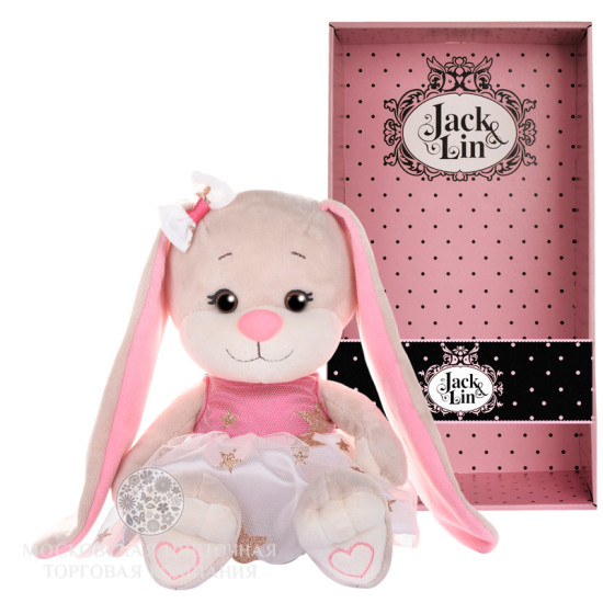 Зайка Jack&Lin в бело-розовом платьице со звездочками