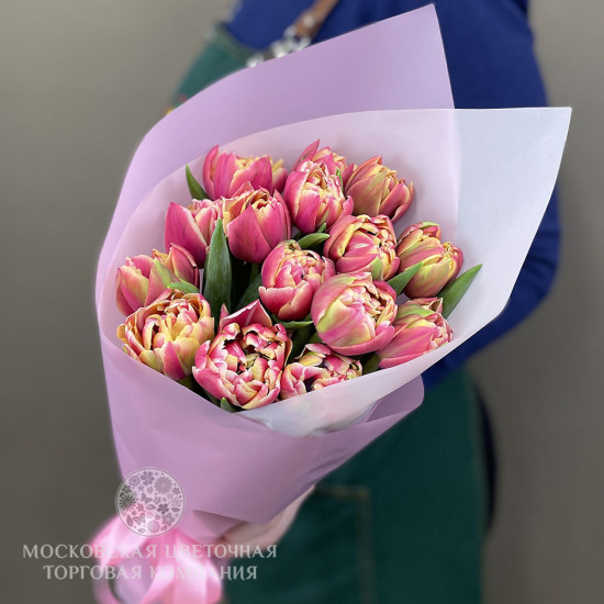 Букет 15 премиальных тюльпанов, красно-розовые